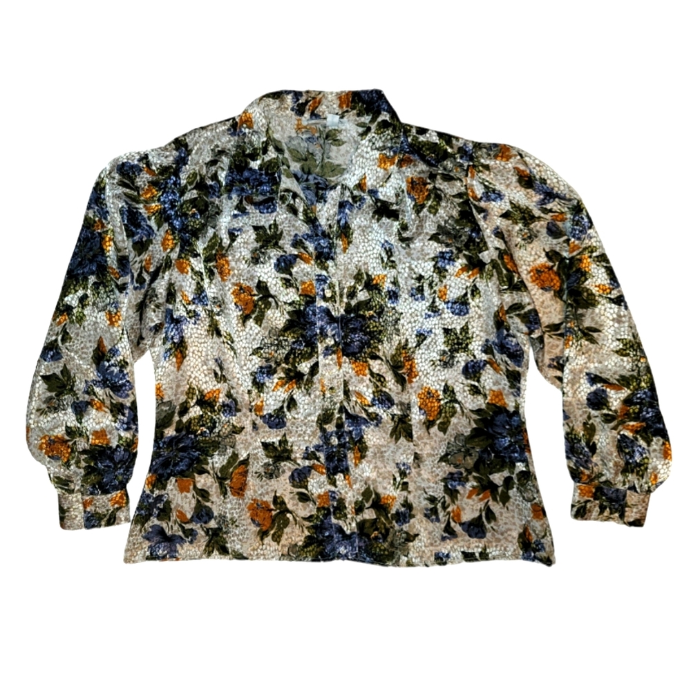 Notations Brand Orange/Blue Floral Satin Button Up Blouse Shirt Top Size 14P